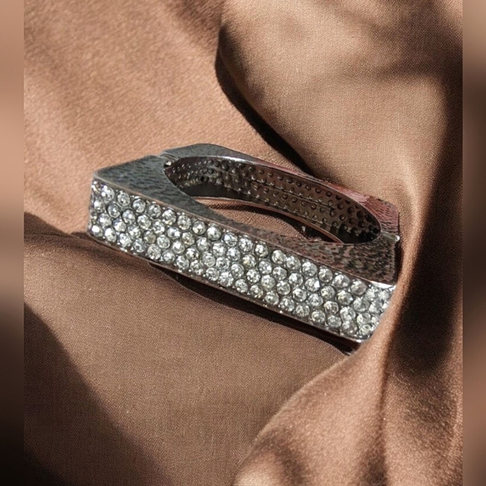 Multi Crystal & Metal Hammered Square Hinge Bangle Bracelet Unsigned